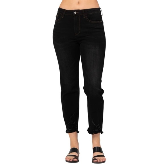 Judy Blue Black Distressed Cropped Straight Leg Stretch Denim Women’s 31 - Picture 2 of 15